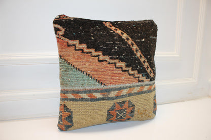 Patchwork Anatolian Rug Cushion, Tribal Boho Decor, Earth Tone Handmade Kilim Pillow(16x16 in)