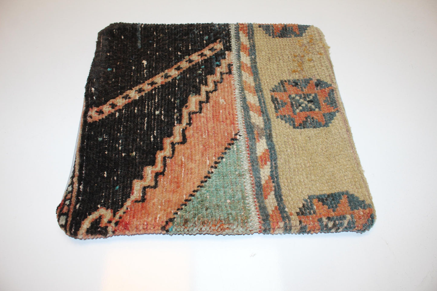 Patchwork Anatolian Rug Cushion, Tribal Boho Decor, Earth Tone Handmade Kilim Pillow(16x16 in)