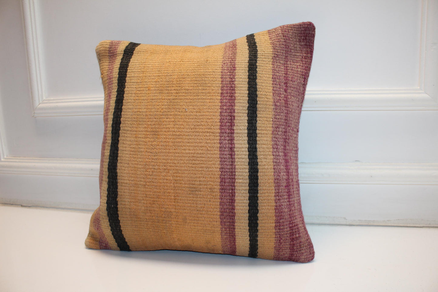 Striped Kilim Pillow Cover, Boho Earth Tone Rug Cushion (16x16 in)