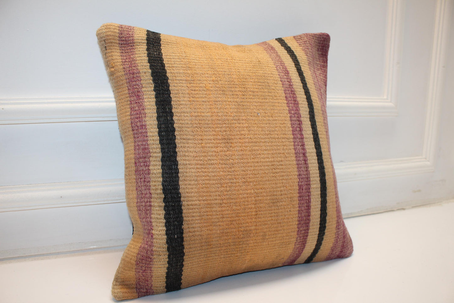 Striped Kilim Pillow Cover, Boho Earth Tone Rug Cushion (16x16 in)