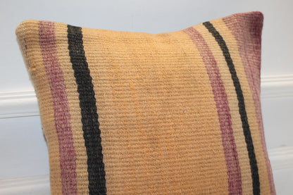 Striped Kilim Pillow Cover, Boho Earth Tone Rug Cushion (16x16 in)