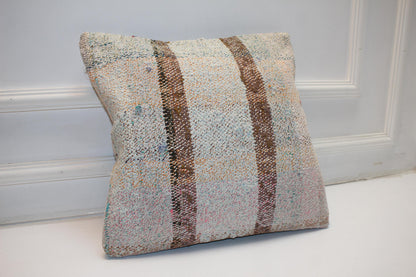 Striped Kilim Pillow Cover, Neutral Boho Decor (16x16 in)