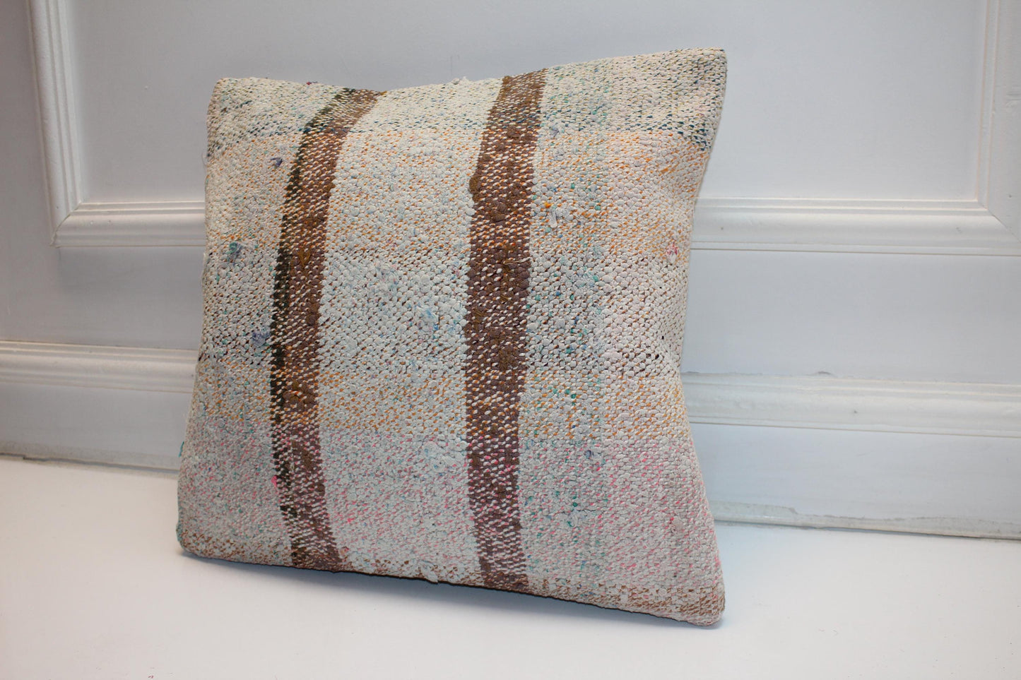 Striped Kilim Pillow Cover, Neutral Boho Decor (16x16 in)