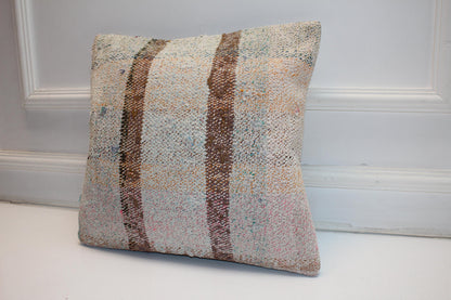 Striped Kilim Pillow Cover, Neutral Boho Decor (16x16 in)