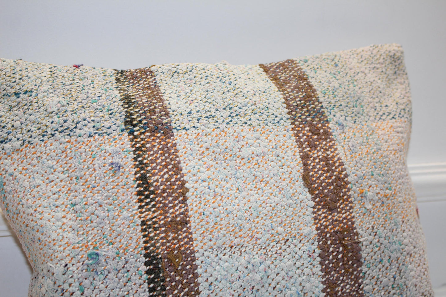 Striped Kilim Pillow Cover, Neutral Boho Decor (16x16 in)