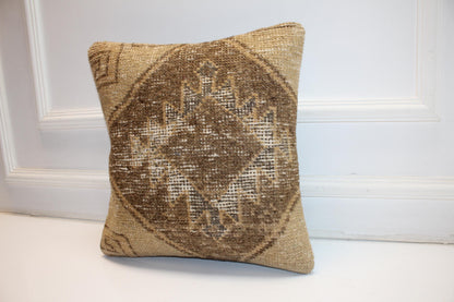 Neutral Anatolian Rug Cushion, Rustic Boho Decor, Earth Tone Handmade Kilim Pillow(16x16 in)