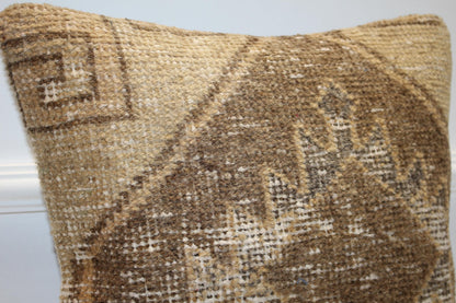 Neutral Anatolian Rug Cushion, Rustic Boho Decor, Earth Tone Handmade Kilim Pillow(16x16 in)