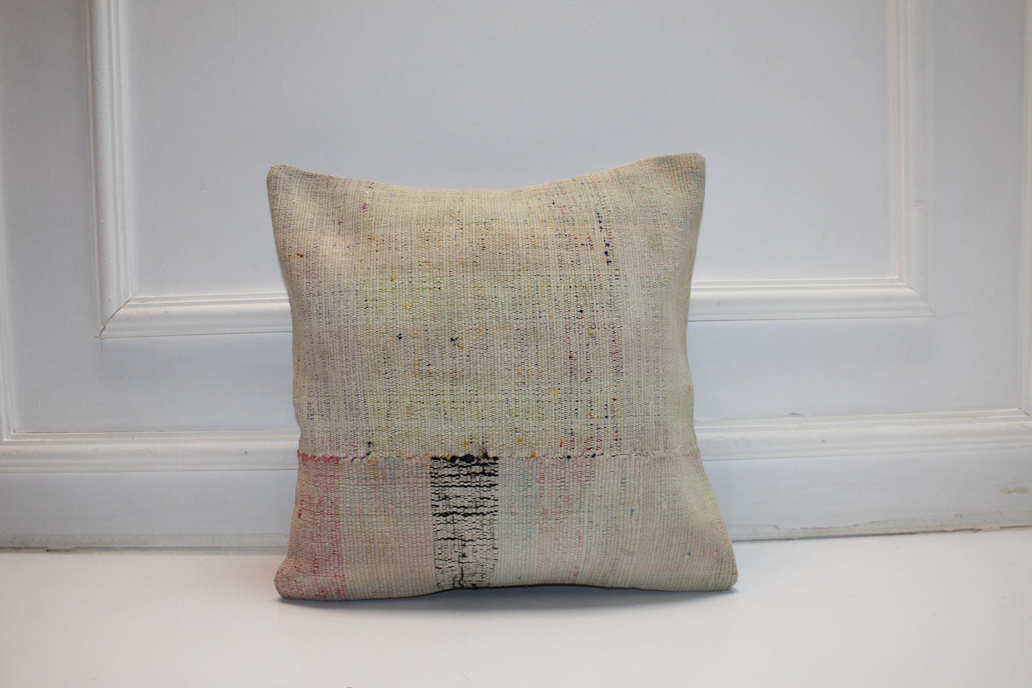 Neutral Anatolian Kilim Pillow, Boho Wabi Sabi Decor (16x16 in)