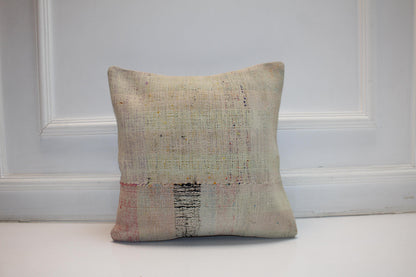 Neutral Anatolian Kilim Pillow, Boho Wabi Sabi Decor (16x16 in)