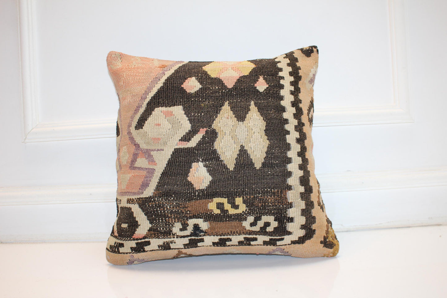 Handmade Kilim Pillow Cover, Boho Woven Rug Accent Pillow (16x16 in)