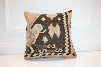 Handmade Kilim Pillow Cover, Boho Woven Rug Accent Pillow (16x16 in)
