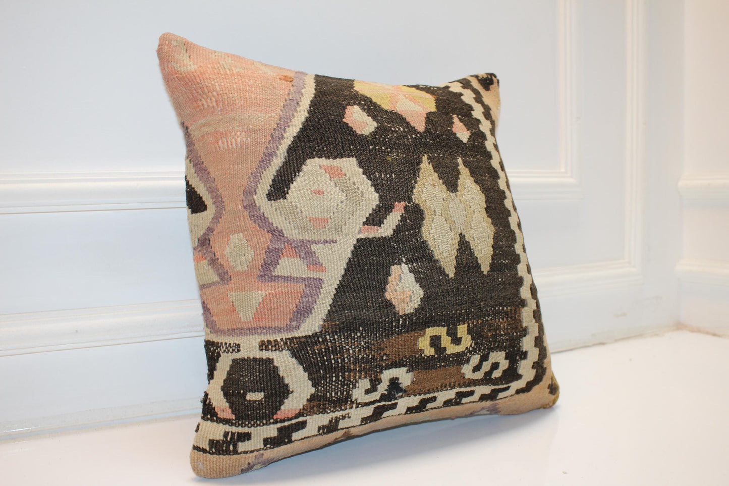 Handmade Kilim Pillow Cover, Boho Woven Rug Accent Pillow (16x16 in)
