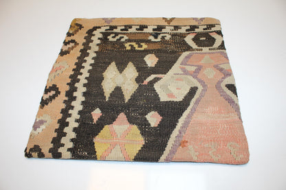 Handmade Kilim Pillow Cover, Boho Woven Rug Accent Pillow (16x16 in)