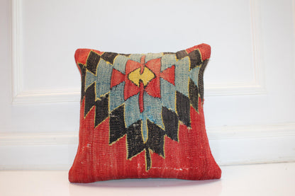 Red Blue Tribal Anatolian Rug Cushion, Bold Boho Ethnic Home Decor, (16x16 in)