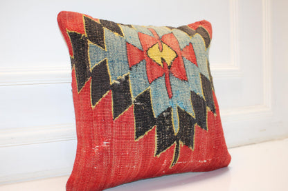 Red Blue Tribal Anatolian Rug Cushion, Bold Boho Ethnic Home Decor, (16x16 in)
