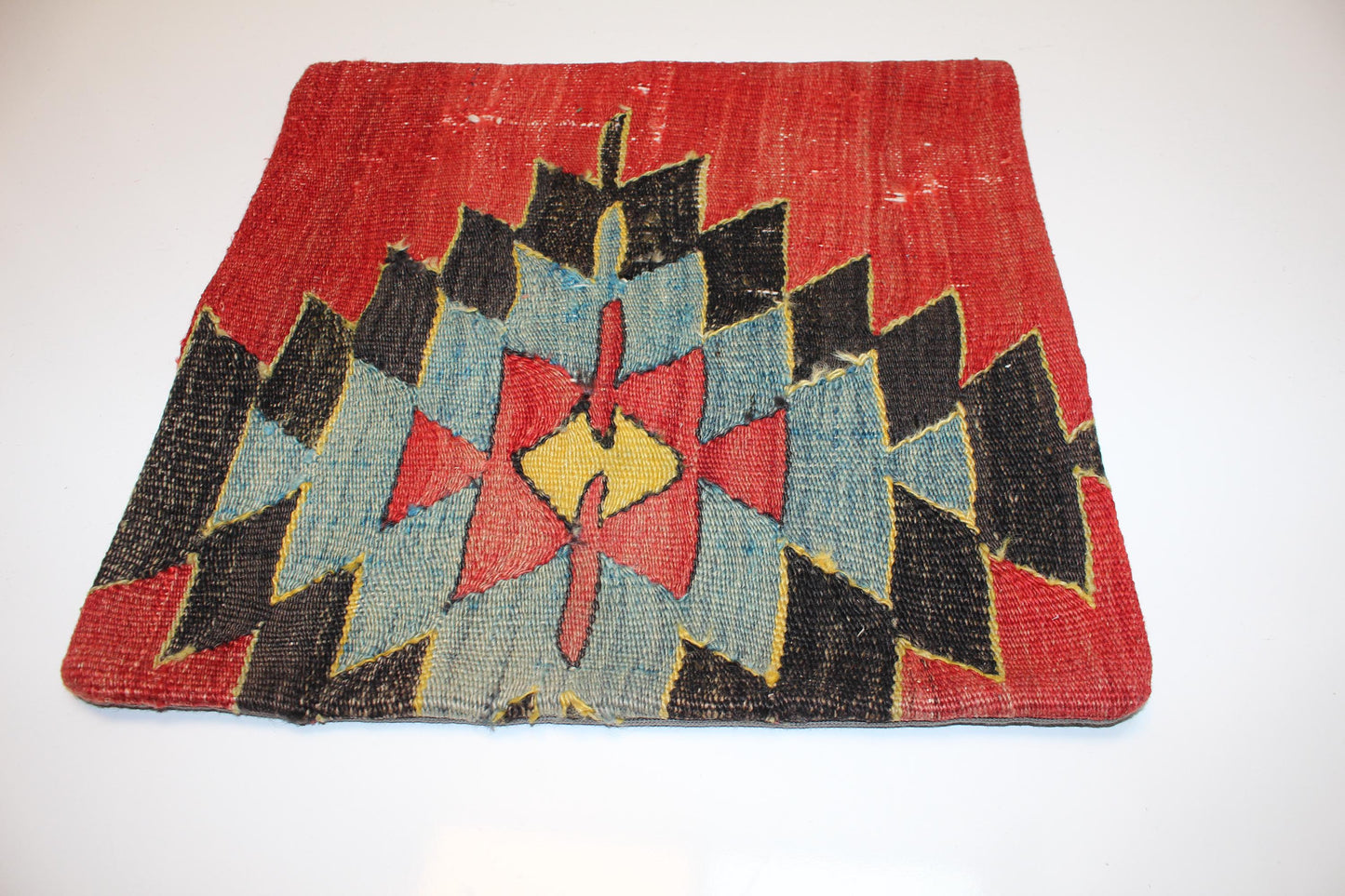 Red Blue Tribal Anatolian Rug Cushion, Bold Boho Ethnic Home Decor, (16x16 in)