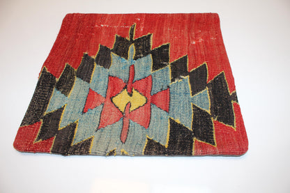 Red Blue Tribal Anatolian Rug Cushion, Bold Boho Ethnic Home Decor, (16x16 in)
