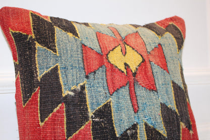 Red Blue Tribal Anatolian Rug Cushion, Bold Boho Ethnic Home Decor, (16x16 in)