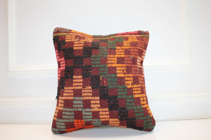 Burgundy Green Geometric Anatolian Rug Cushion, Rustic Boho Home Decor (16x16 in)