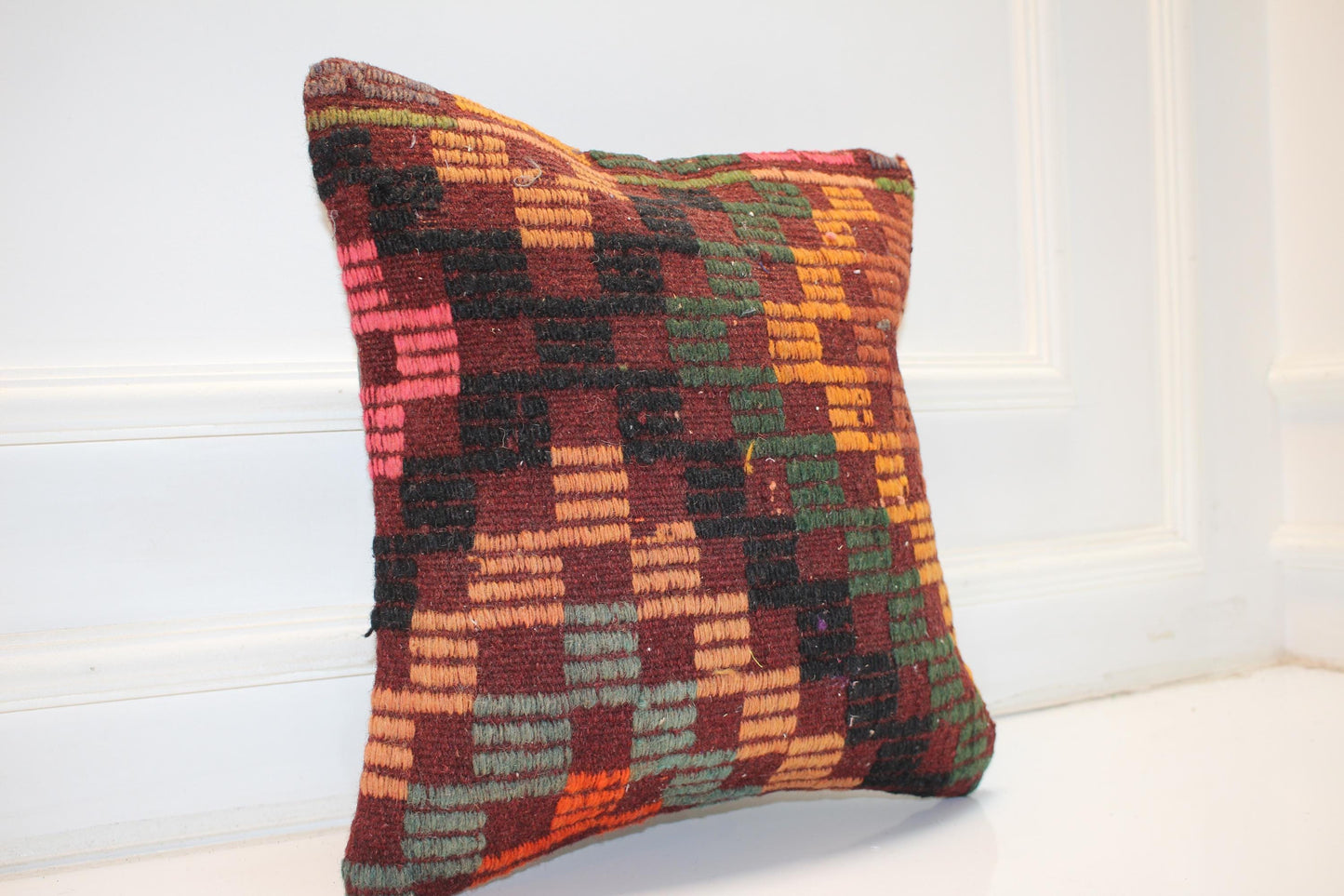 Burgundy Green Geometric Anatolian Rug Cushion, Rustic Boho Home Decor (16x16 in)