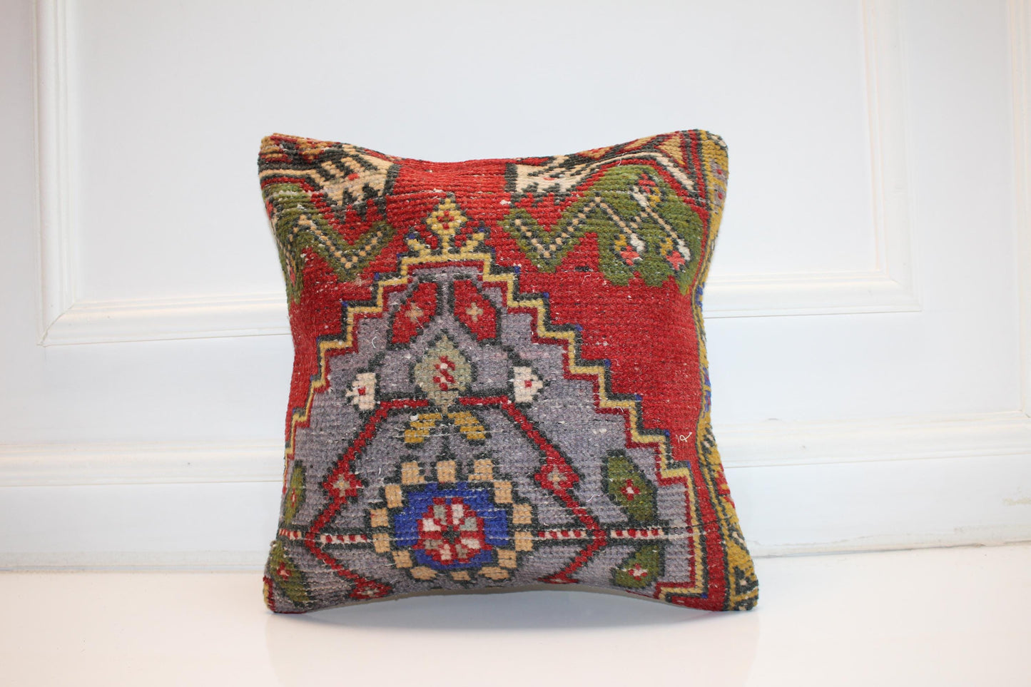 Red Multicolor Anatolian Rug Cushion, Bold Tribal Boho Home Decor(16x16 in)