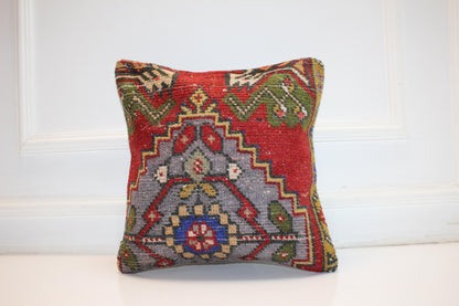 Red Multicolor Anatolian Rug Cushion, Bold Tribal Boho Home Decor(16x16 in)