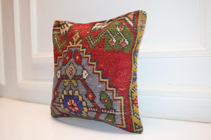 Red Multicolor Anatolian Rug Cushion, Bold Tribal Boho Home Decor(16x16 in)