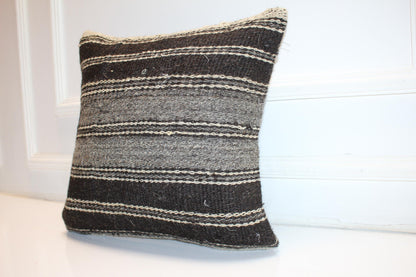Black Gray Striped Anatolian Rug Cushion, Minimal Rustic Boho Home Decor(16x16 in)