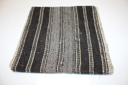 Black Gray Striped Anatolian Rug Cushion, Minimal Rustic Boho Home Decor(16x16 in)