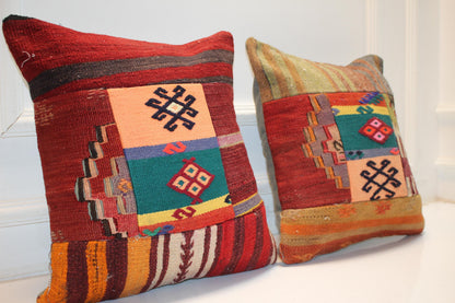 Set of 2 Vintage Turkish Kilim Pillow Covers, Boho Rug Cushions (16x16 in)