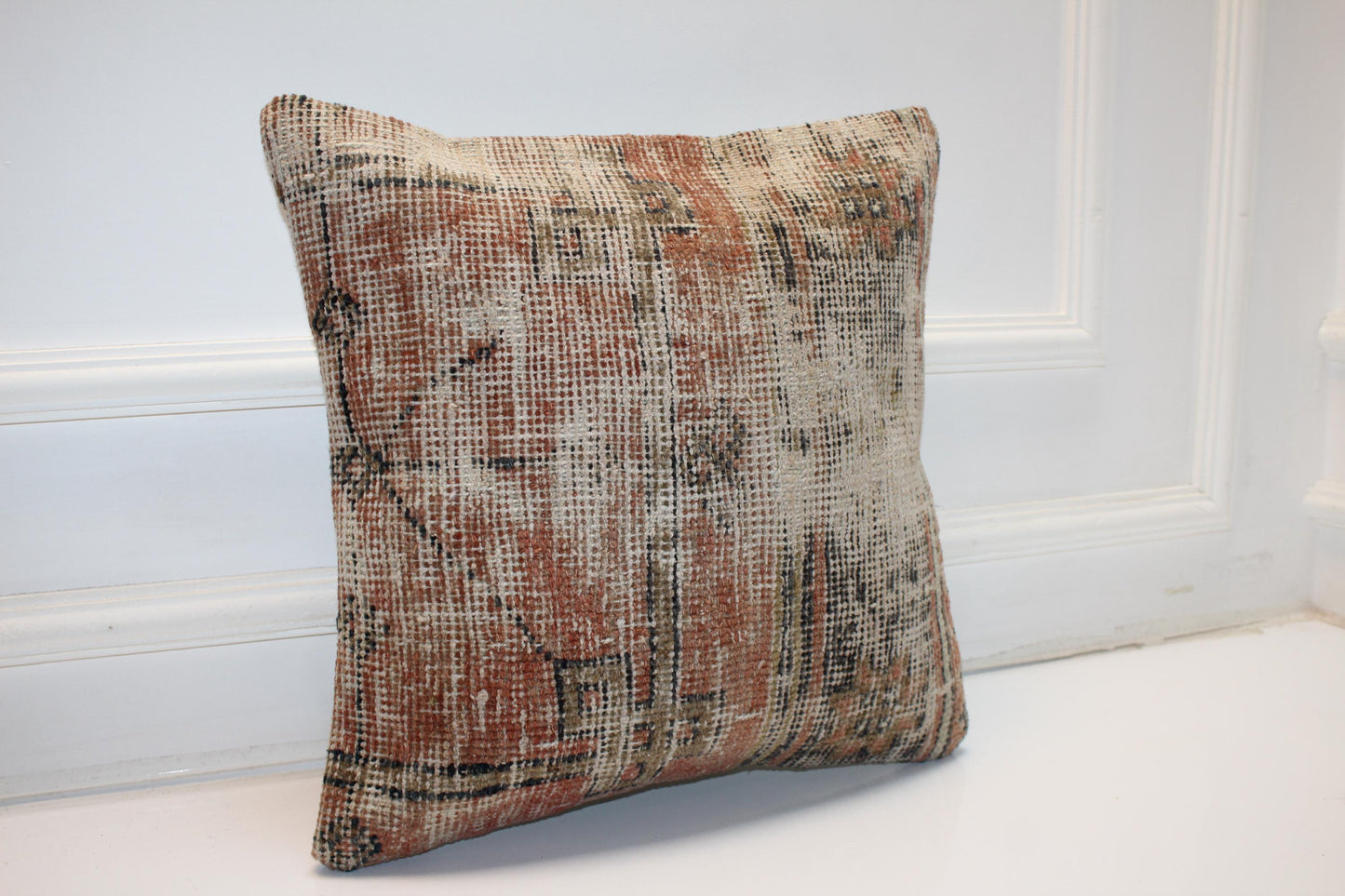 Rustic Earth Tone Cushion, Faded Anatolian Rug Pillow, Boho Farmhouse Decor(16x16 in)