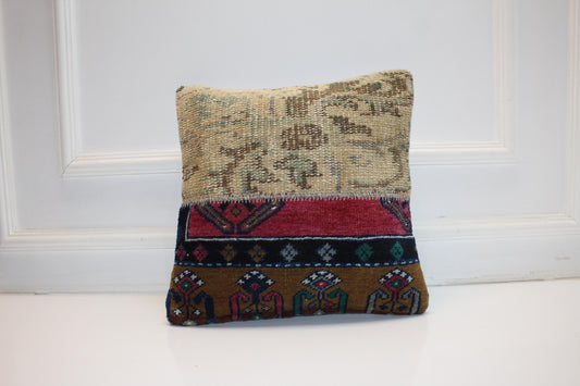 Vintage Turkish Kilim Pillow Cover, Patchwork Tribal Cushion, Color Block Rug Pillow, Nomadic Boho Home Decor(16x16 in)