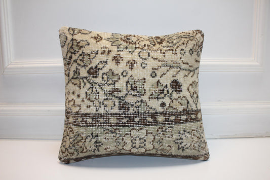 Vintage Turkish Kilim Pillow Cover, Soft Floral Rug Cushion, Neutral Earth Tone Anatolian Pillow, Timeless Home Decor(16x16 in)