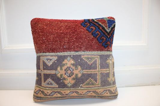 Vintage Turkish Kilim Pillow Cover, Patchwork Anatolian Cushion, Red Blue Tribal Rug Pillow, Collected Boho Decor(16x16 in)