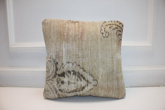Vintage Turkish Kilim Pillow Cover, Minimal Neutral Cushion, Faded Ivory Anatolian Rug Pillow, Wabi Sabi Decor(16x16 in)