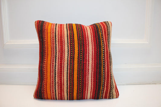 Vintage Turkish Kilim Pillow Cover, Colorful Striped Cushion, Bold Anatolian Rug Pillow, Boho Folk Home Decor(16x16 in)