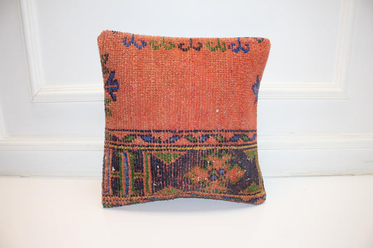 Vintage Turkish Kilim Pillow Cover, Terracotta Tribal Cushion, Earthy Anatolian Rug Pillow, Boho Rustic Home Decor(16x16 in)