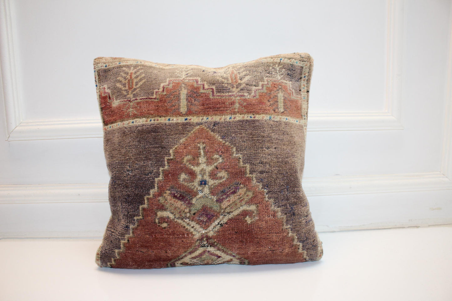Vintage Turkish Kilim Pillow Cover, Earth Tone Rug Cushion (16x16 in)