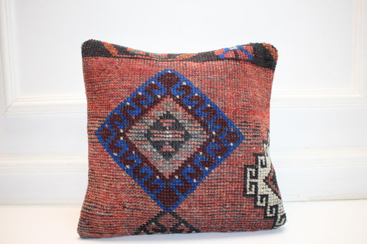 Vintage Turkish Kilim Pillow Cover, Diamond Motif Tribal Cushion, Red Blue Anatolian Rug Pillow, Bold Boho Decor(16x16 in)