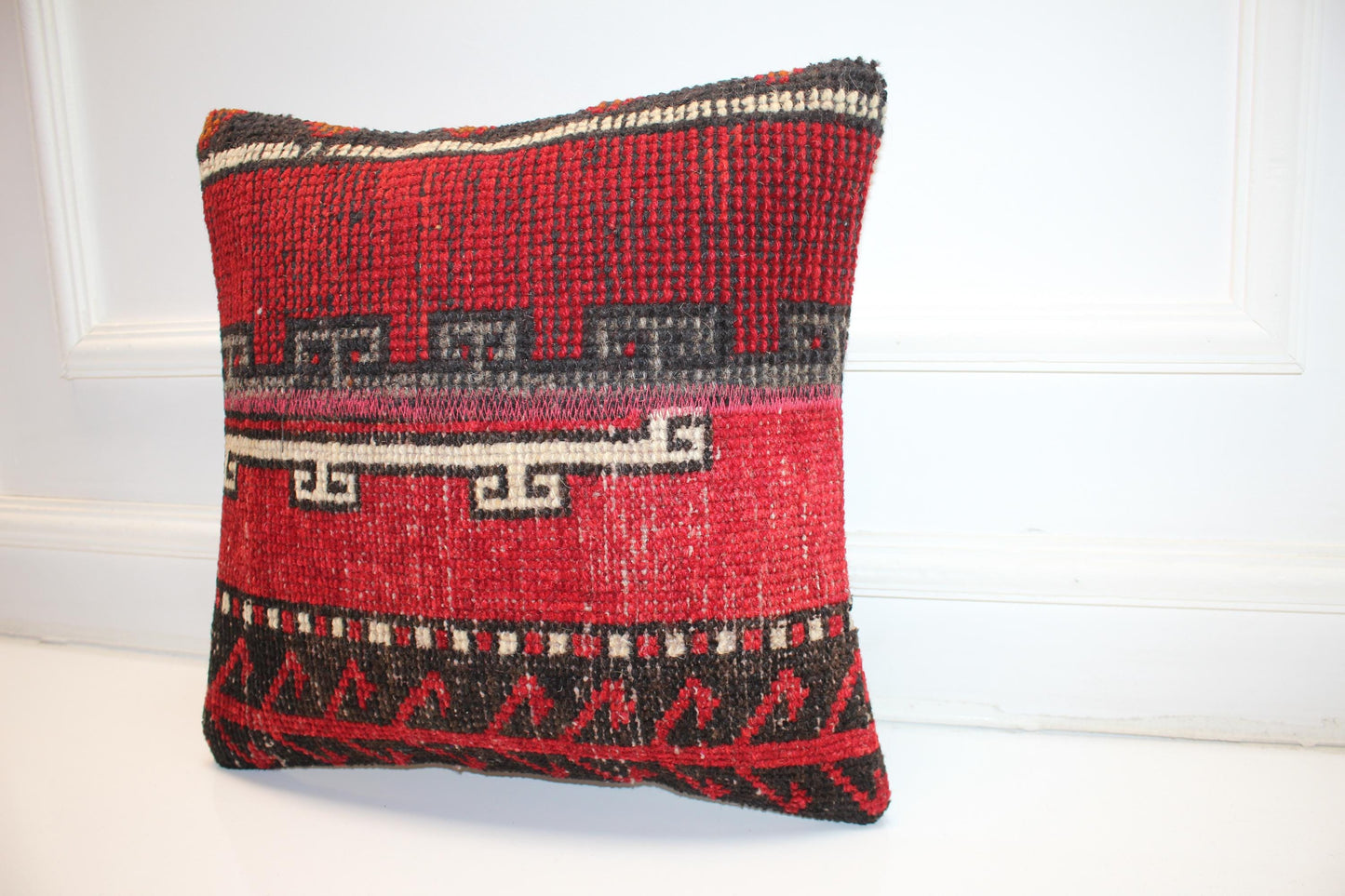 Vintage Turkish Kilim Pillow Cover, Red Tribal Woven Rug Cushion (16x16 in)
