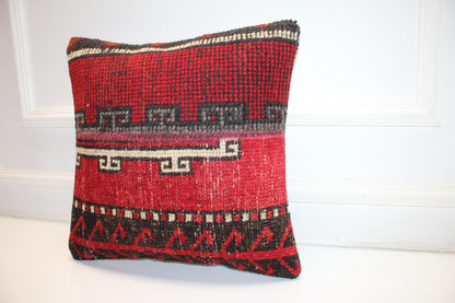 Vintage Turkish Kilim Pillow Cover, Red Tribal Woven Rug Cushion (16x16 in)