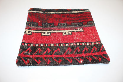 Vintage Turkish Kilim Pillow Cover, Red Tribal Woven Rug Cushion (16x16 in)