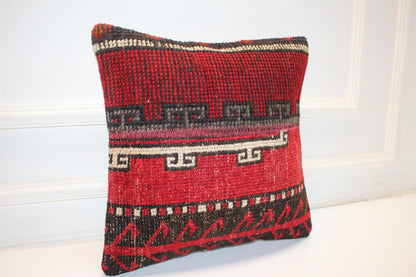 Vintage Turkish Kilim Pillow Cover, Red Tribal Woven Rug Cushion (16x16 in)