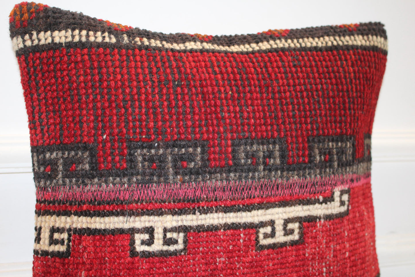 Vintage Turkish Kilim Pillow Cover, Red Tribal Woven Rug Cushion (16x16 in)