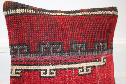 Vintage Turkish Kilim Pillow Cover, Red Tribal Woven Rug Cushion (16x16 in)