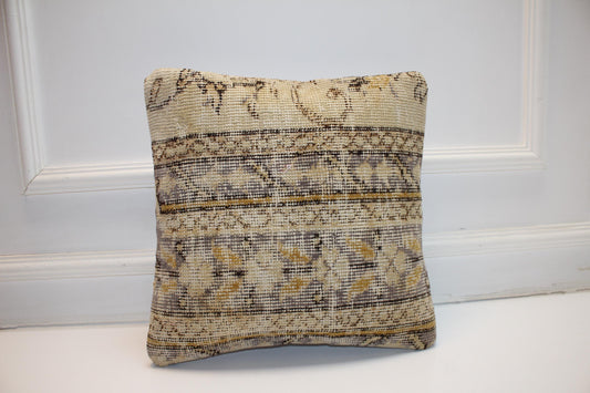 Vintage Turkish Kilim Pillow Cover, Soft Neutral Pattern Cushion, Faded Anatolian Rug Pillow, Quiet Luxury Decor(16x16 in)
