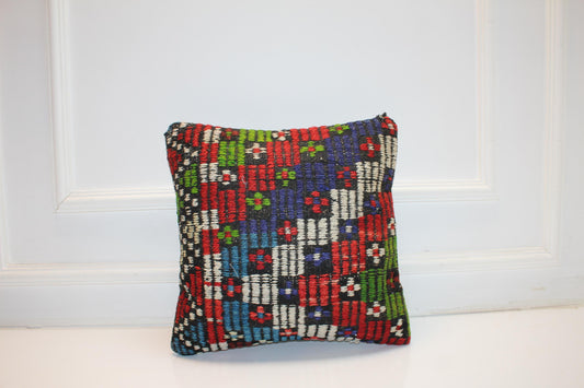 Colorful Vintage Turkish Kilim Pillow Cover, Boho Rug Cushion (16x16 in)