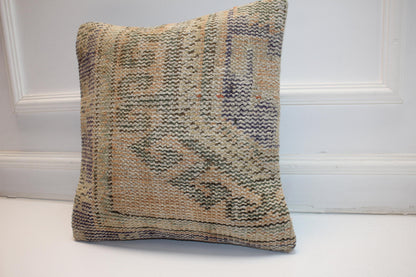 Vintage Turkish Kilim Pillow Cover, Boho Throw Cushion (16x16 in)