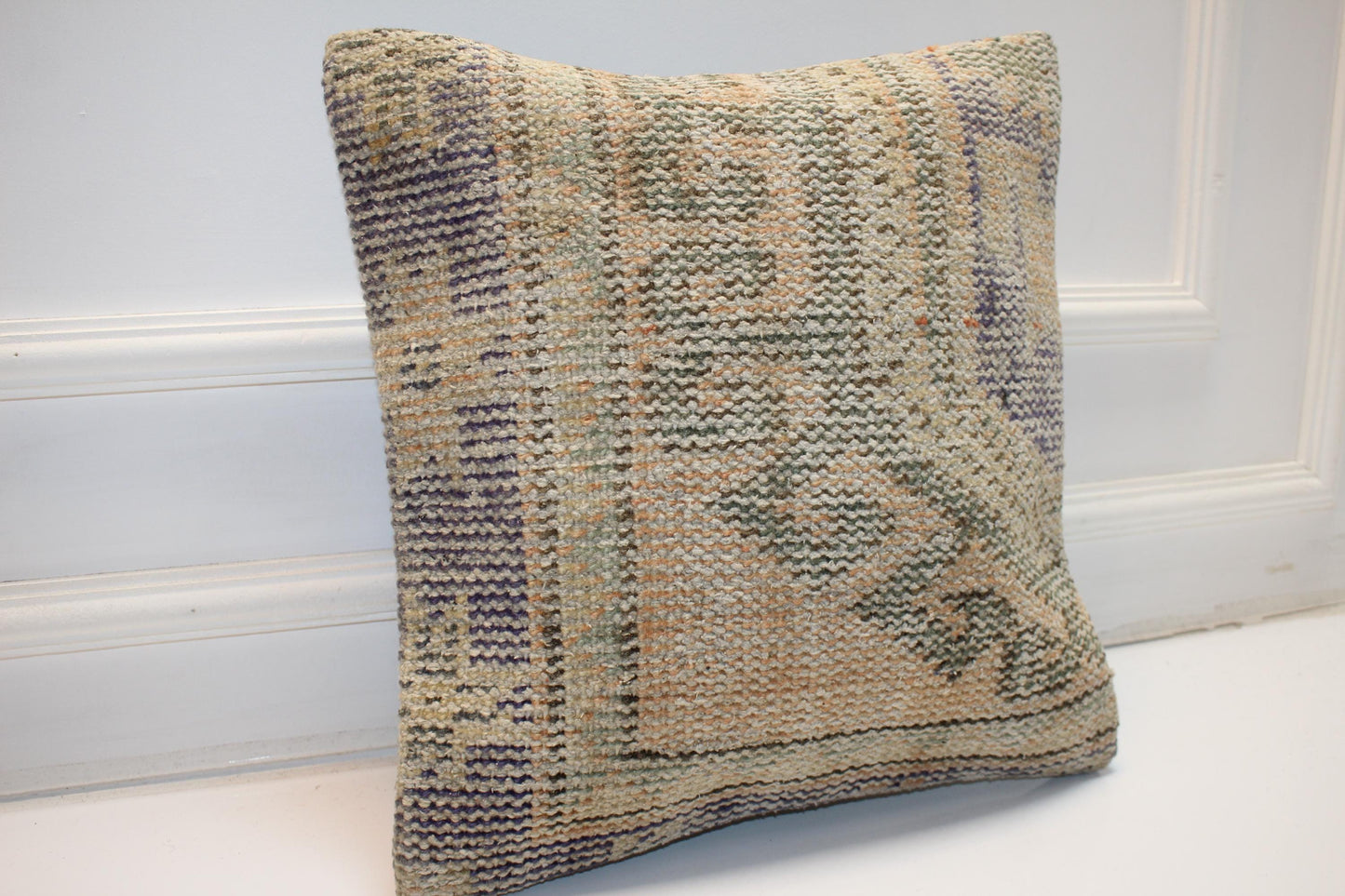 Vintage Turkish Kilim Pillow Cover, Boho Throw Cushion (16x16 in)