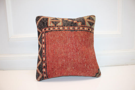 Vintage Turkish Kilim Pillow Cover, Rustic Red Wool Cushion, Boho Home Decor (16x16 in)